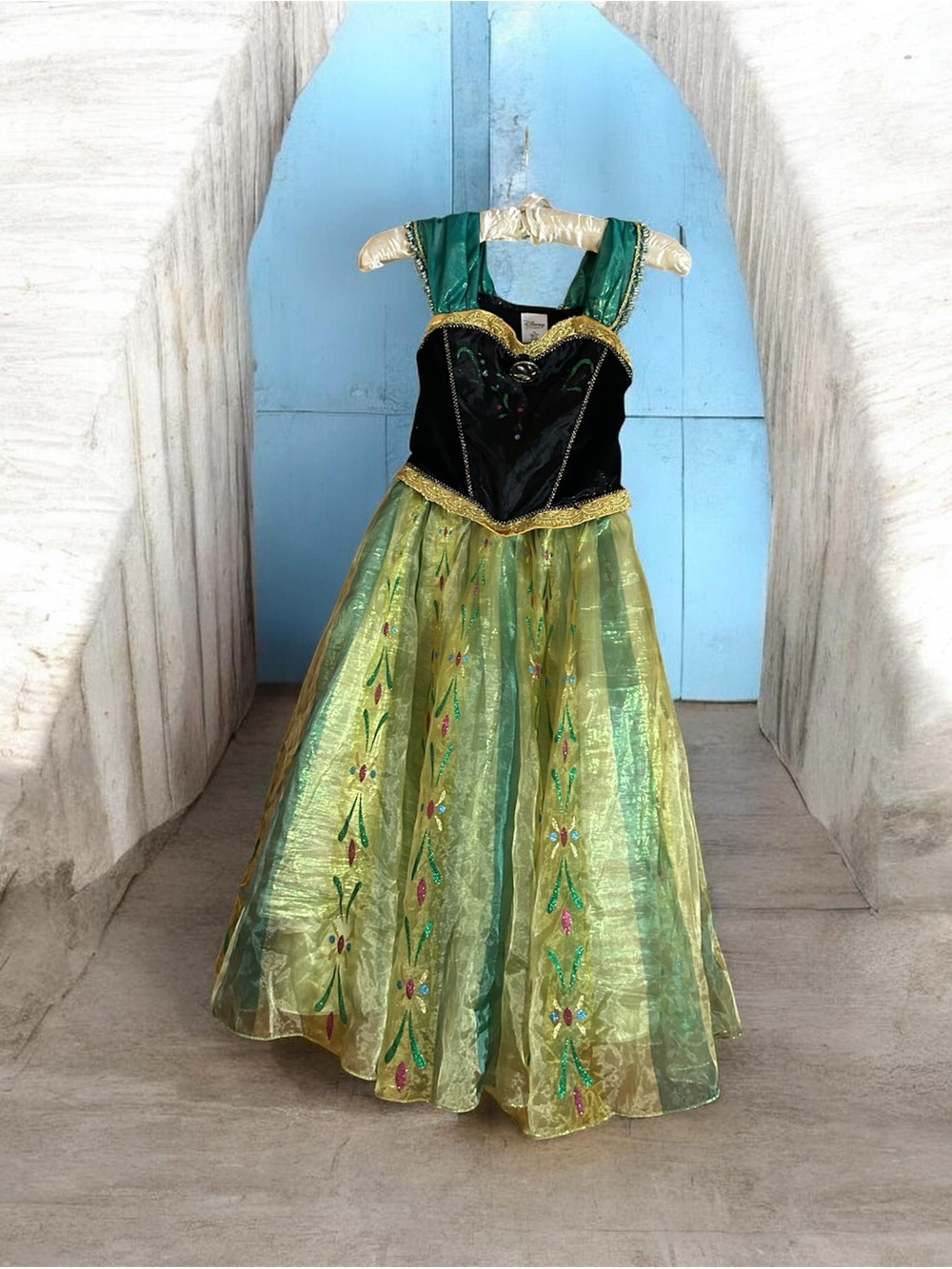 Disney Store Frozen Anna Coronation Dress Costume 7/8 Green Black Gold 130